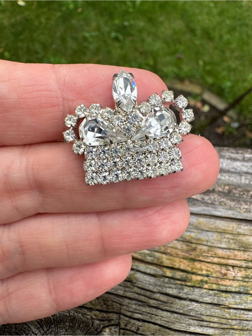 Vintage Silver Clear Rhinestone Crown Brooch